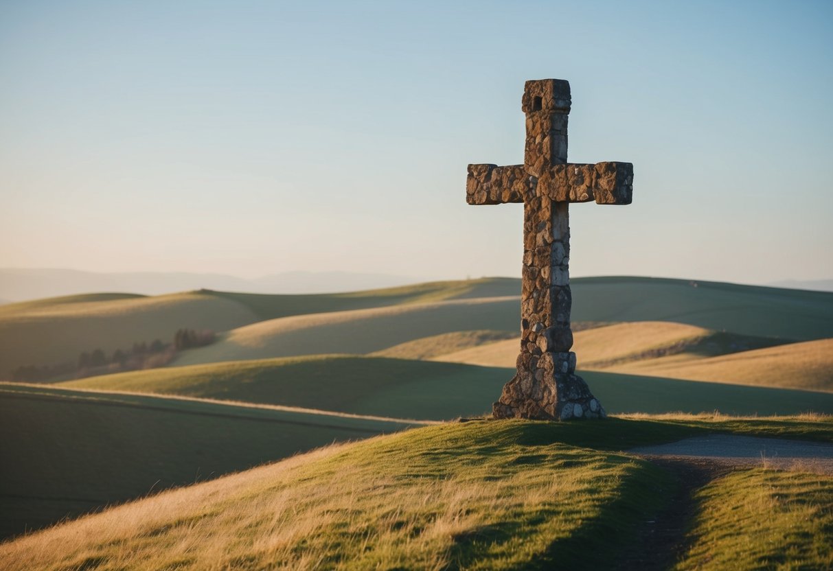 A rugged cross stands alone on a hill, bathed in soft golden light. The surrounding landscape is peaceful, with rolling hills and a clear blue sky