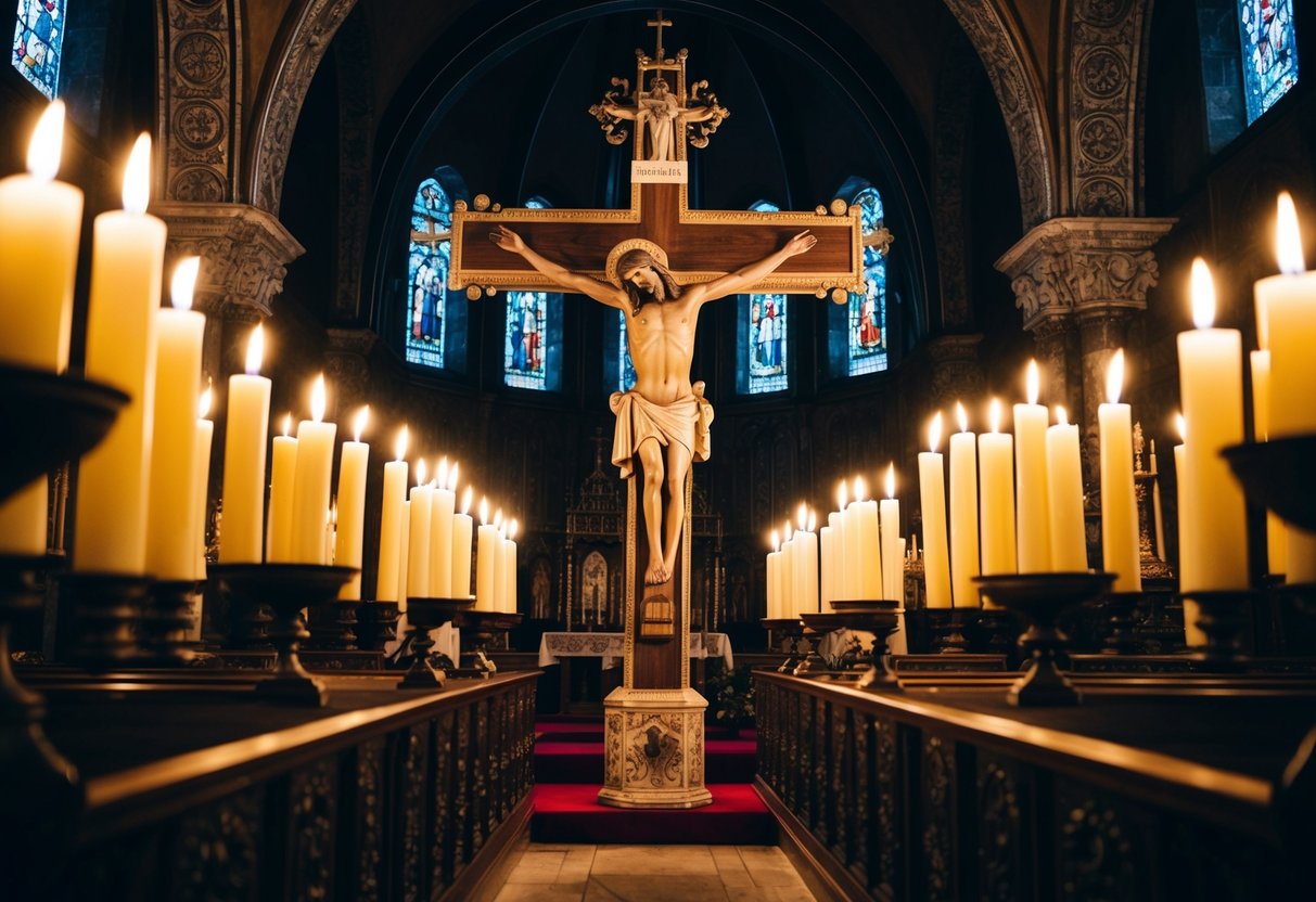 Jesus' cross lies in a dimly lit, ornate church, surrounded by candles and adorned with intricate carvings. Its historical significance is evident in the reverent atmosphere