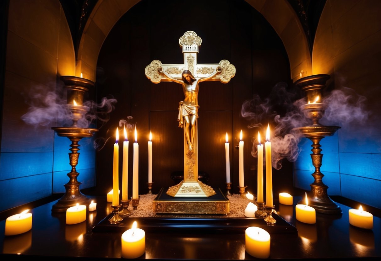 A dimly lit chamber with a golden reliquary holding the cross of Jesus, surrounded by flickering candles and incense smoke