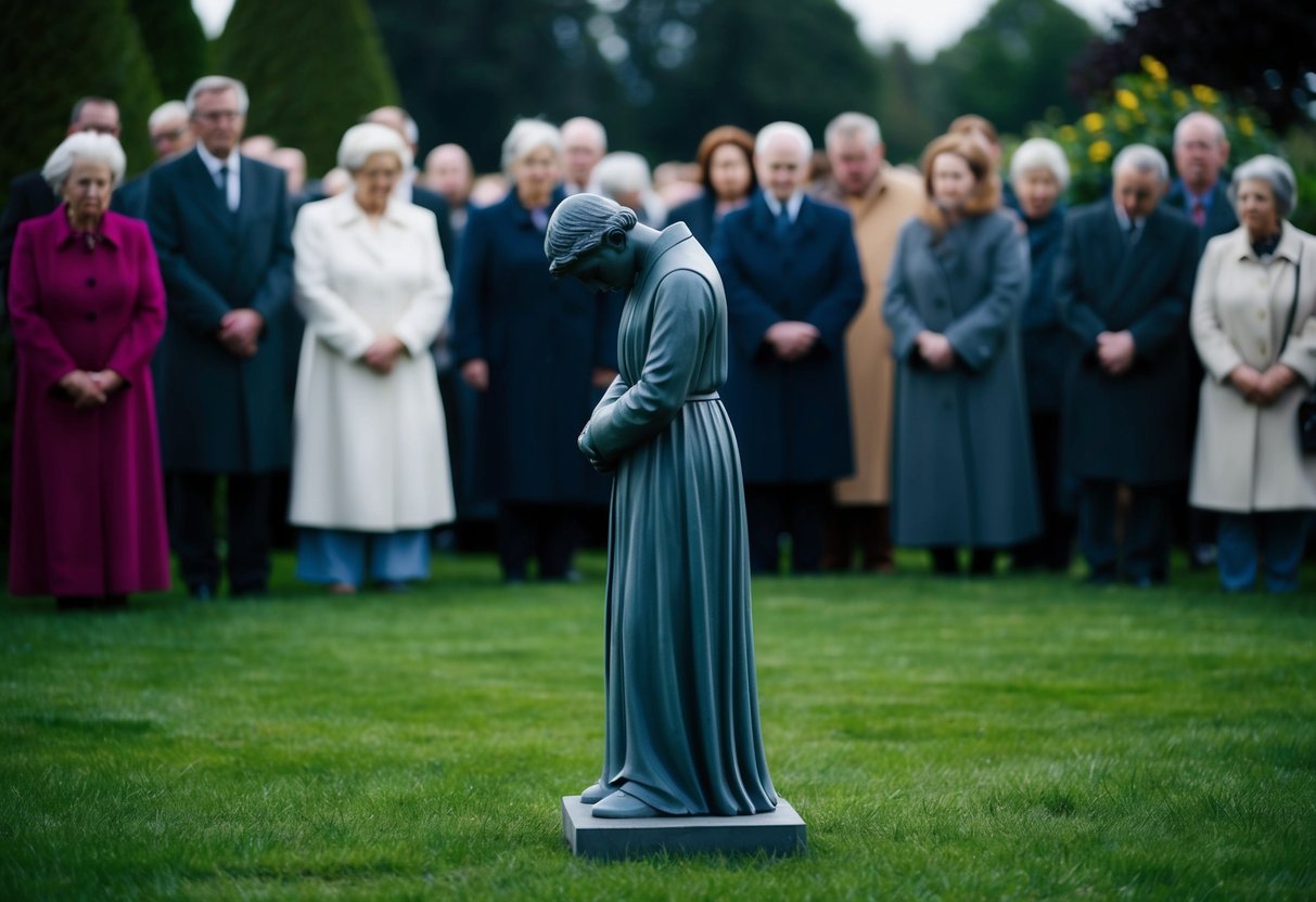 A figure standing in a garden, head bowed, surrounded by mournful onlookers