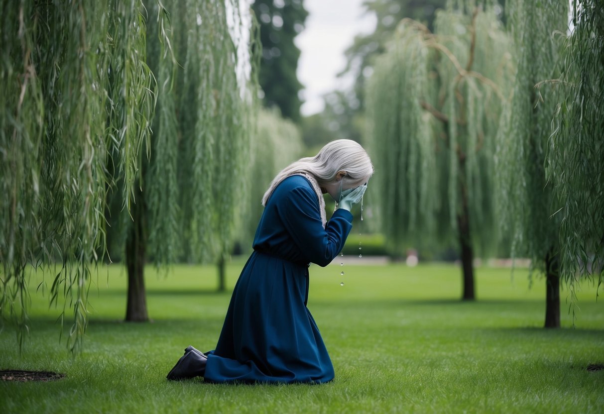 A figure kneeling in a garden, surrounded by weeping willow trees, with tears streaming down their face