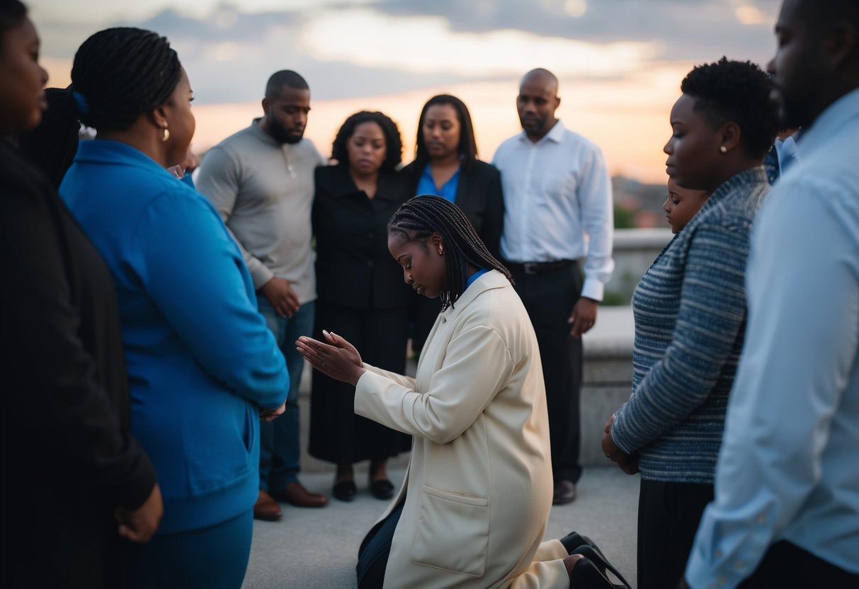 A figure kneeling in sorrow, surrounded by a group of people, with a look of compassion and empathy on their face