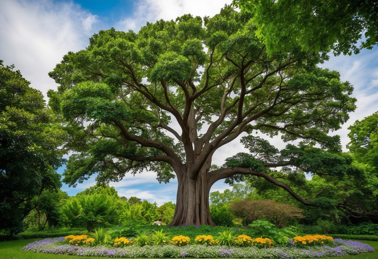A majestic tree with branches reaching towards the sky, surrounded by lush greenery and vibrant flowers, emanating a sense of peace and spiritual connection