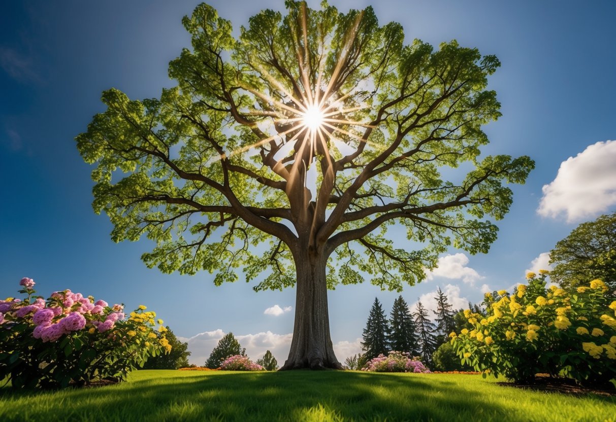 A radiant tree with branches reaching towards the heavens, surrounded by lush foliage and vibrant flowers, symbolizing the theological significance of Jesus as the tree of life
