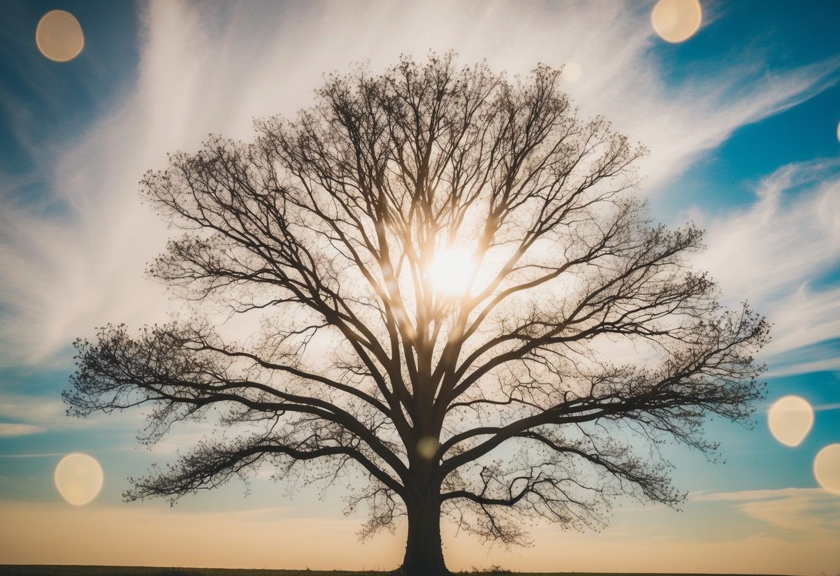A radiant tree with branches reaching to the sky, surrounded by a soft glow and symbols of life and redemption