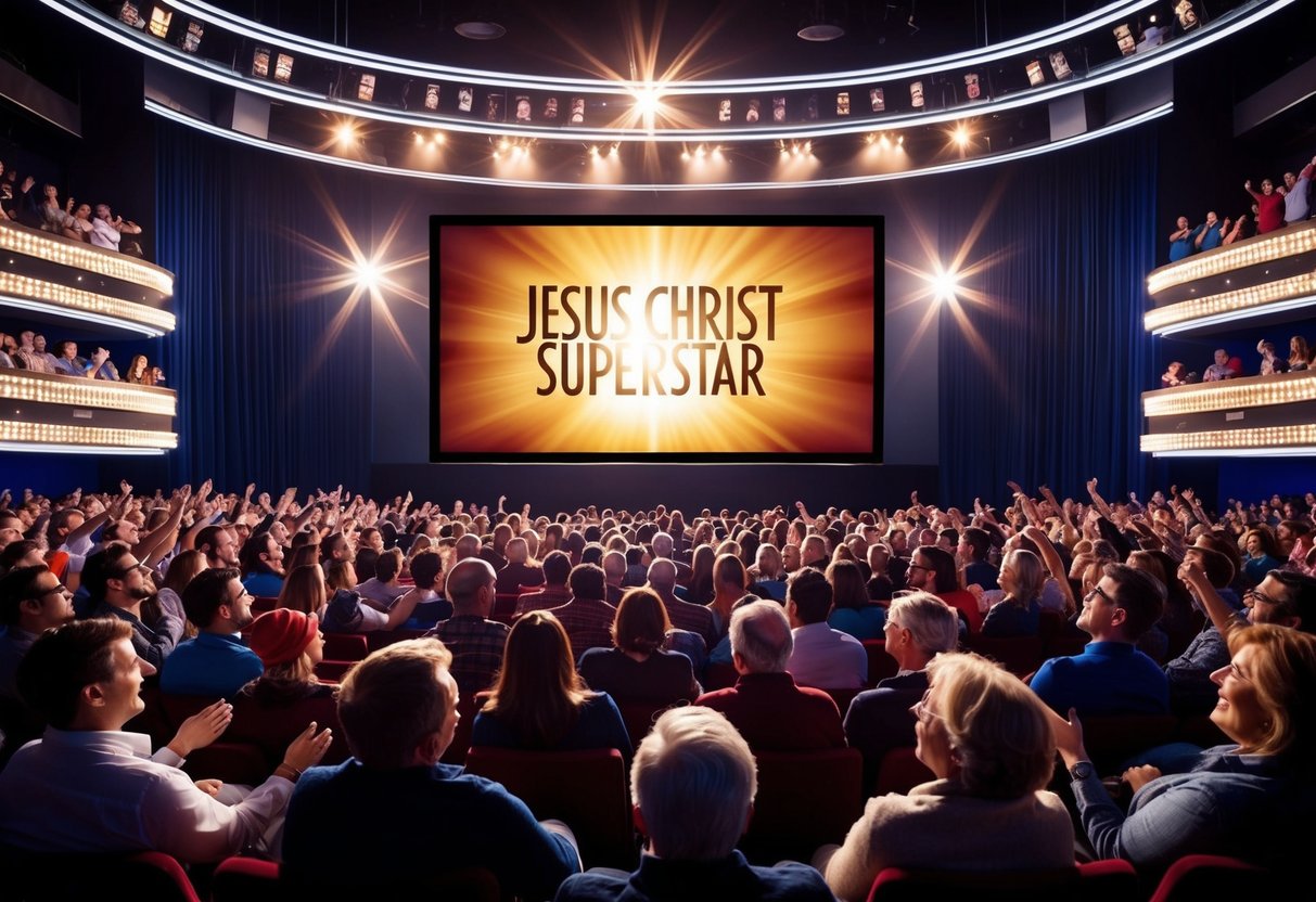 A crowded theater with a large screen showing "Jesus Christ Superstar" surrounded by excited audience members
