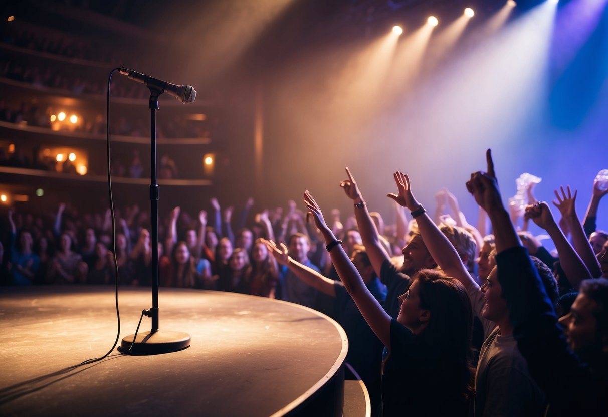 A theater stage with a spotlight on a microphone stand, surrounded by a crowd of cheering fans