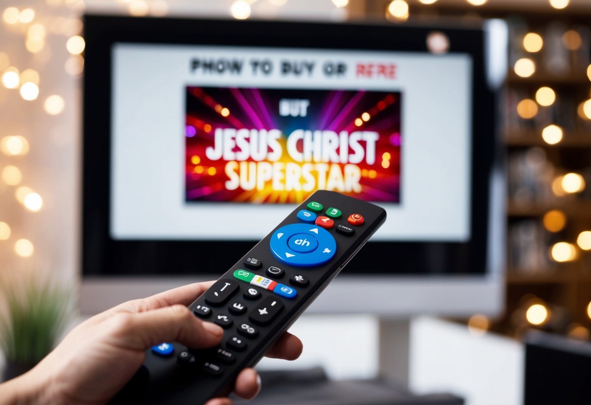 A person holding a remote in front of a TV screen with the options to buy or rent 'Jesus Christ Superstar' displayed