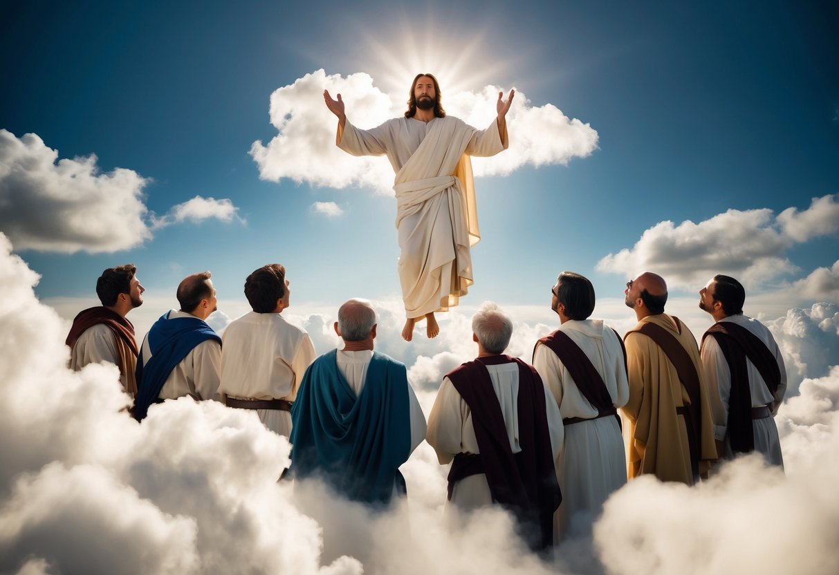 Jesus ascends into the clouds, surrounded by his disciples, as they watch him disappear from their sight