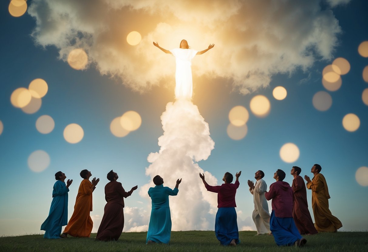 A glowing figure ascends into the clouds, leaving behind a group of astonished followers on the ground