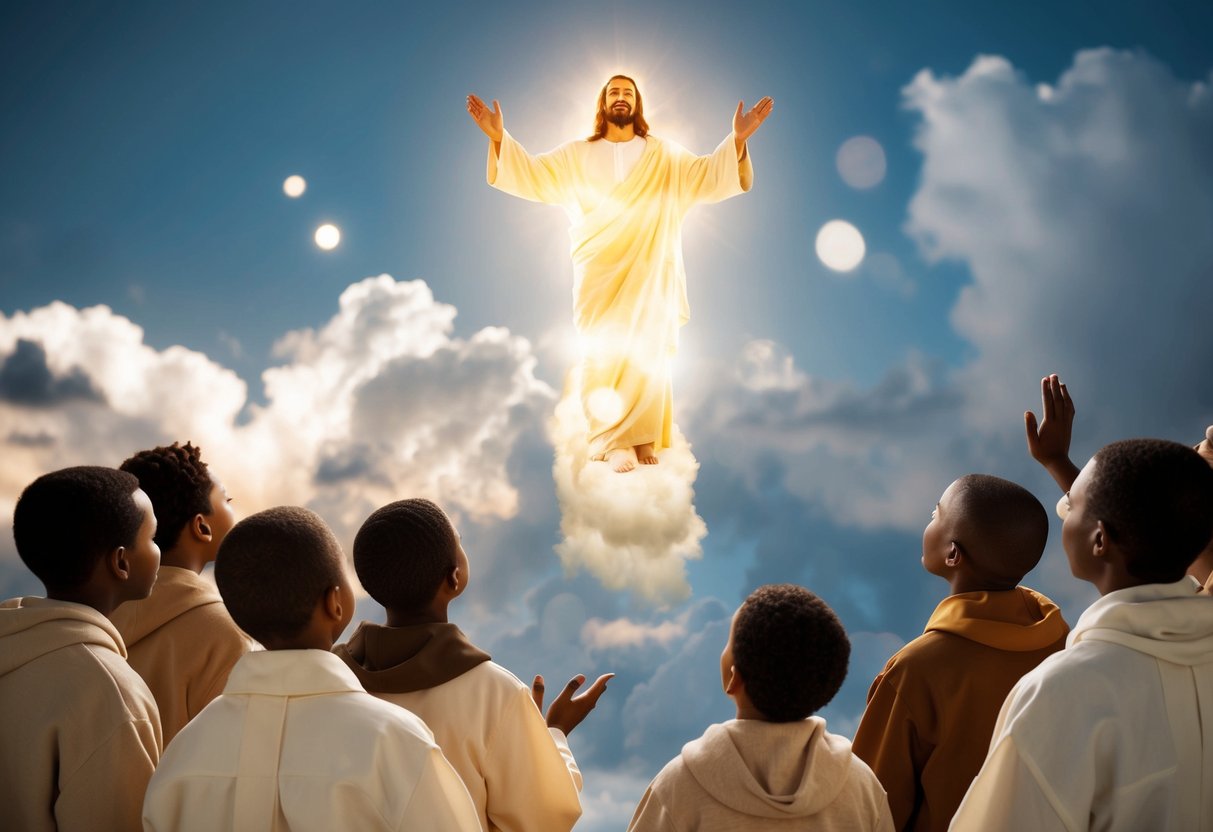 A glowing figure ascending into the clouds as a group of disciples looks on in awe