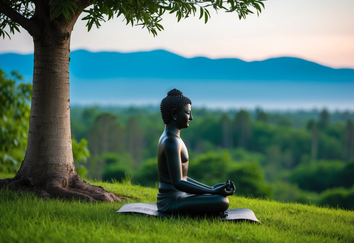 A serene landscape with a lone figure sitting in meditation under a Bodhi tree, surrounded by lush greenery and distant mountains
