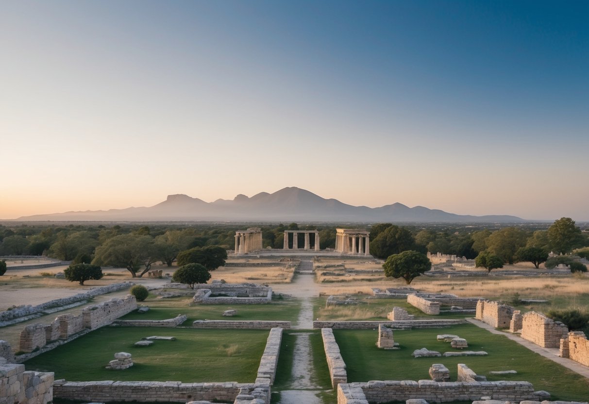 A serene landscape with ancient ruins, a distant mountain range, and a clear sky, evoking a sense of mystery and historical significance