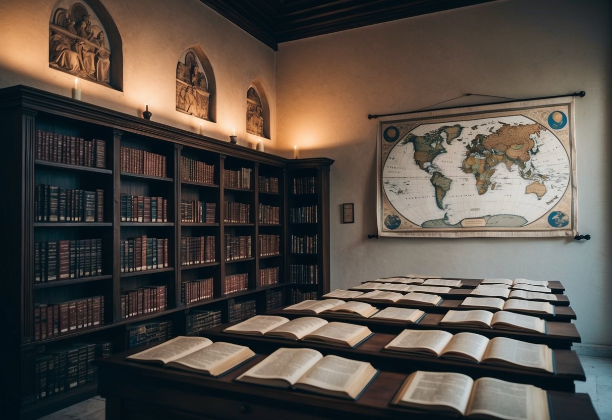 A serene, ancient library filled with religious texts and historical evidence. A map of the ancient world hangs on the wall