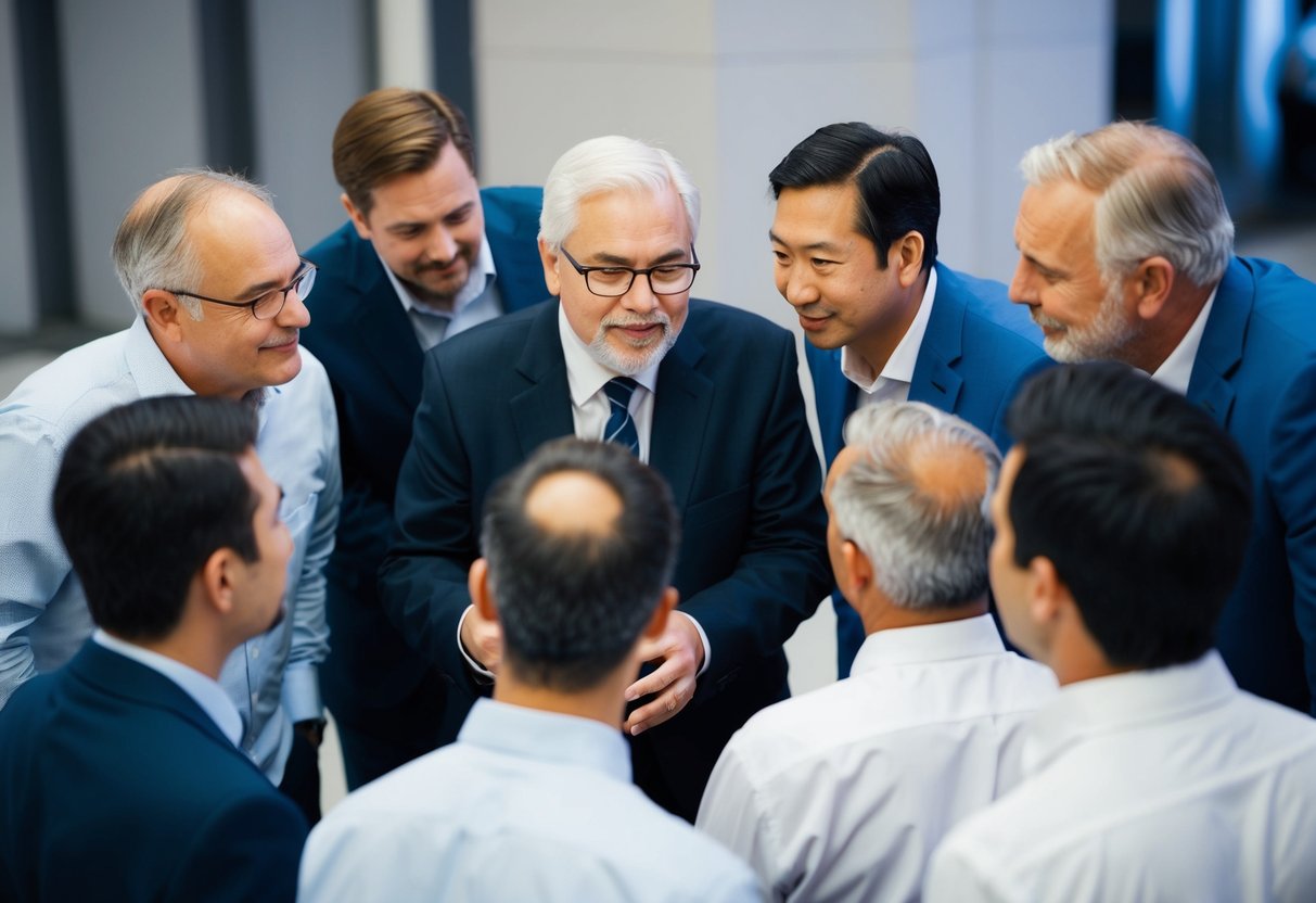 A group of men, varying in age, gather around a central figure, engaging in conversation and listening intently