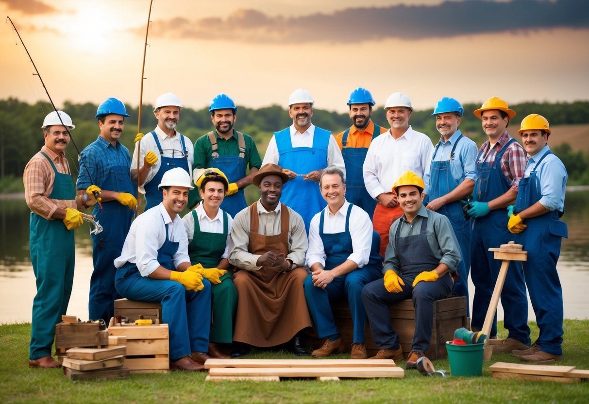 A group of diverse individuals, each engaged in their respective professions such as fishing, tax collecting, and carpentry, gather around a central figure