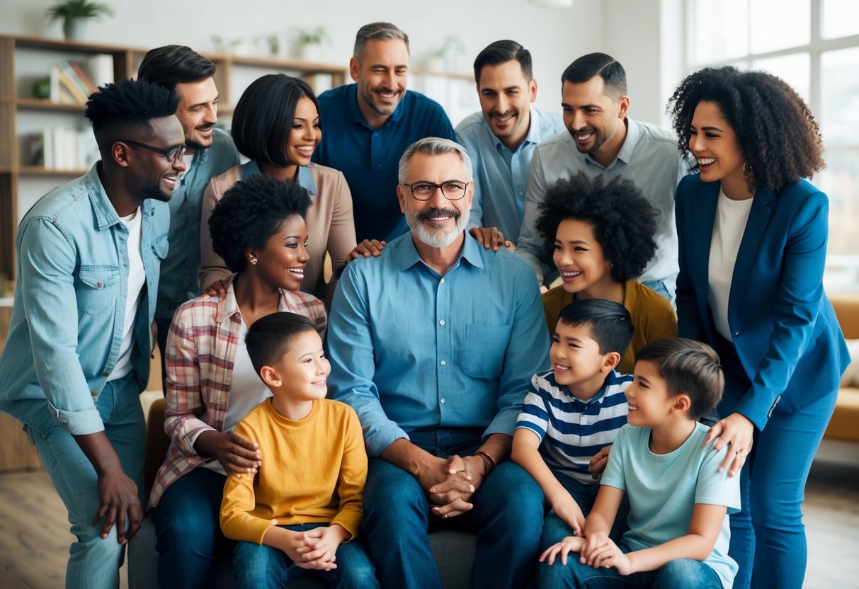 A group of diverse individuals, representing different ages and family dynamics, gathered around a central figure