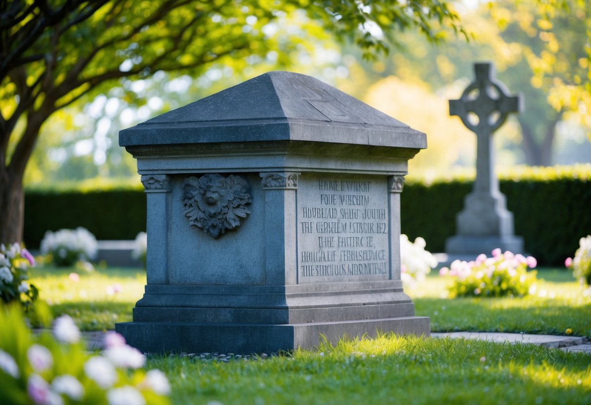 A stone tomb in a garden, surrounded by flowers and trees, with a sense of peace and reverence in the air