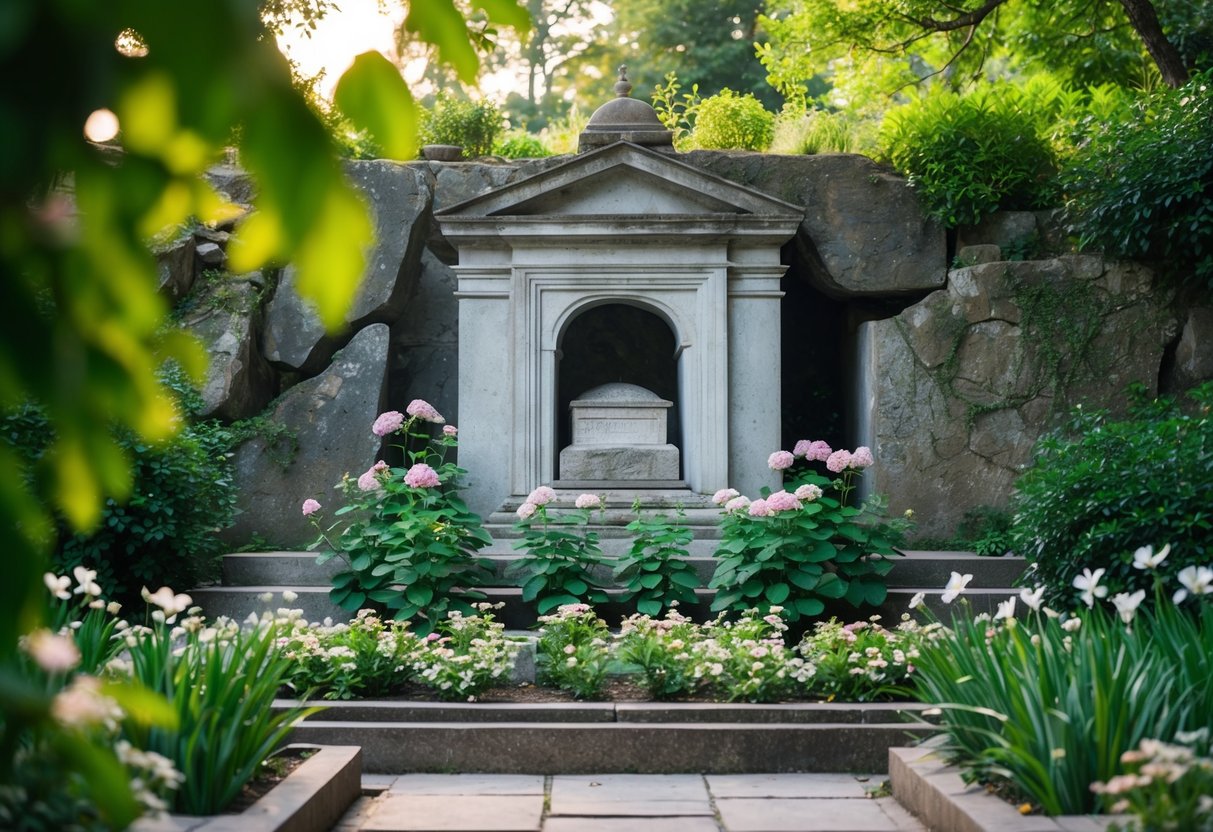 A serene garden with a tomb carved into a rock face, surrounded by flowers and greenery. A sense of peace and reverence fills the air