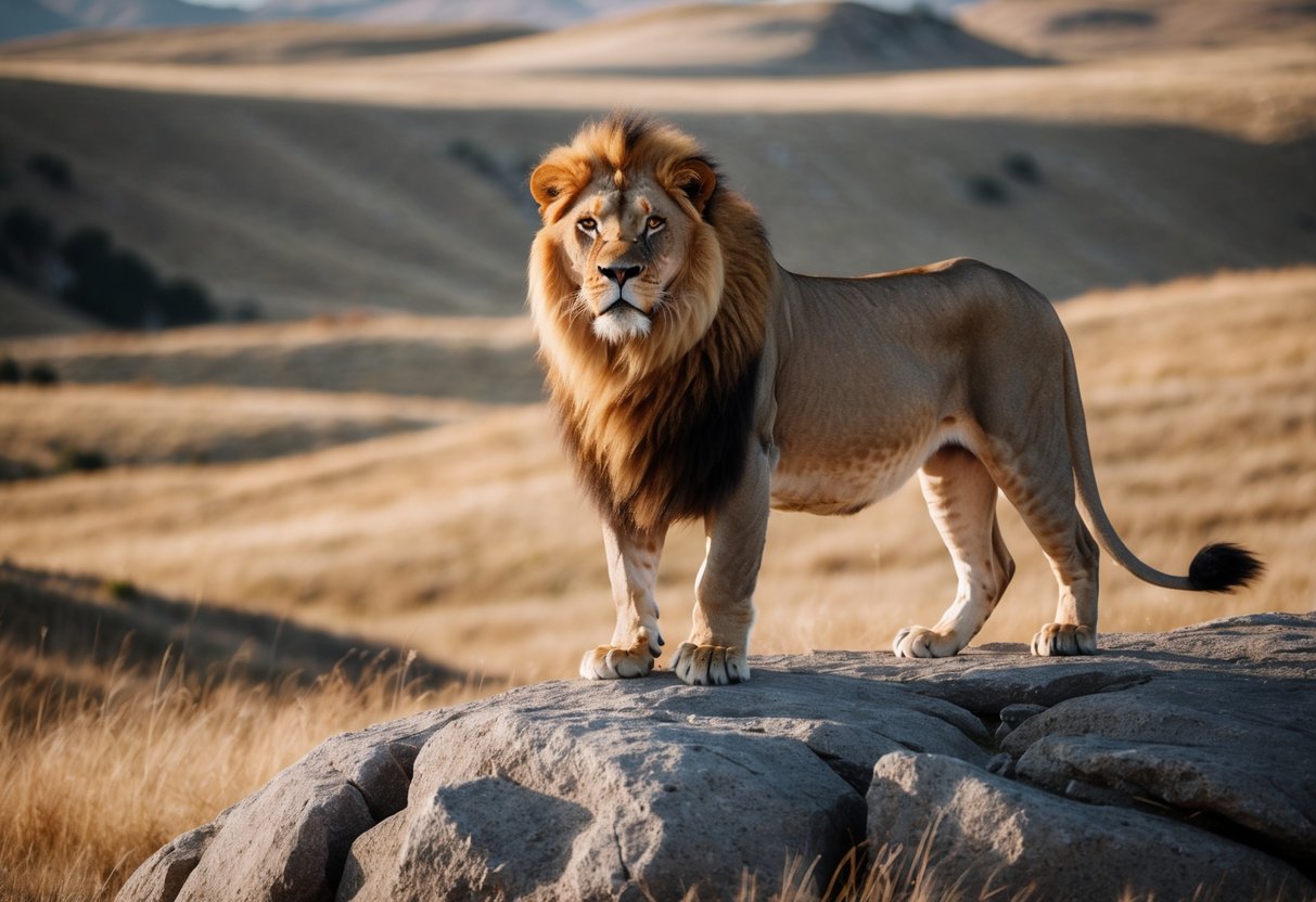 A majestic lion standing proudly on a rocky hill, surrounded by a golden mane and exuding strength and authority