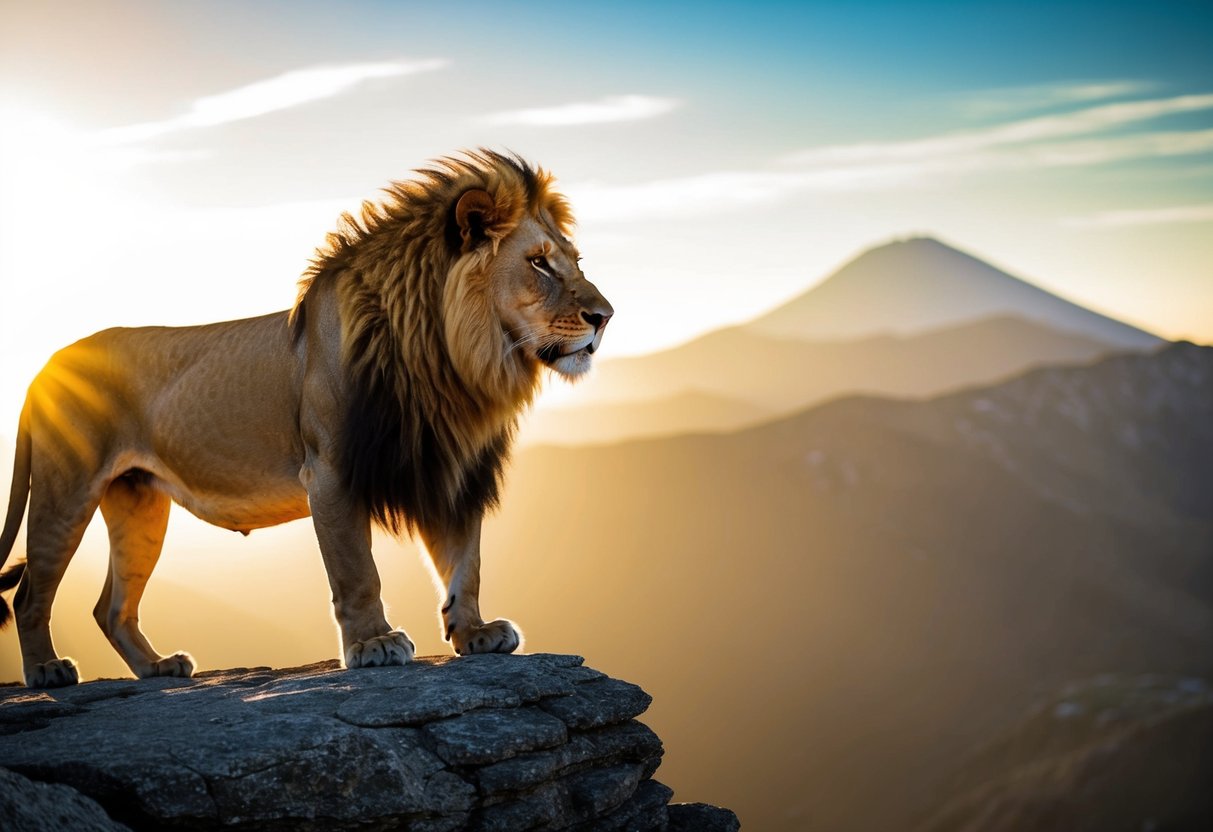 A majestic lion with a radiant mane stands atop a mountain, gazing out with a powerful and regal presence. The sun shines behind it, casting a golden glow