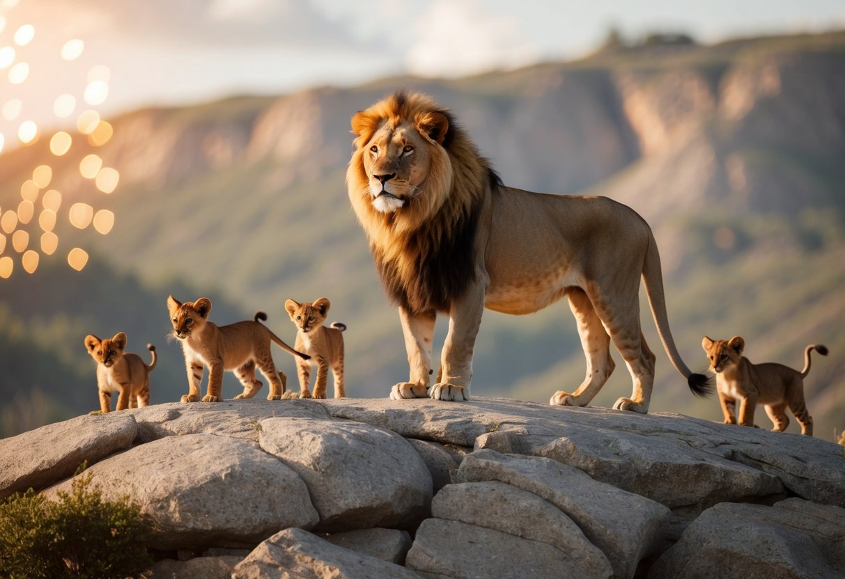 A majestic lion standing on a rocky hill, surrounded by a group of smaller animals, exuding power and authority