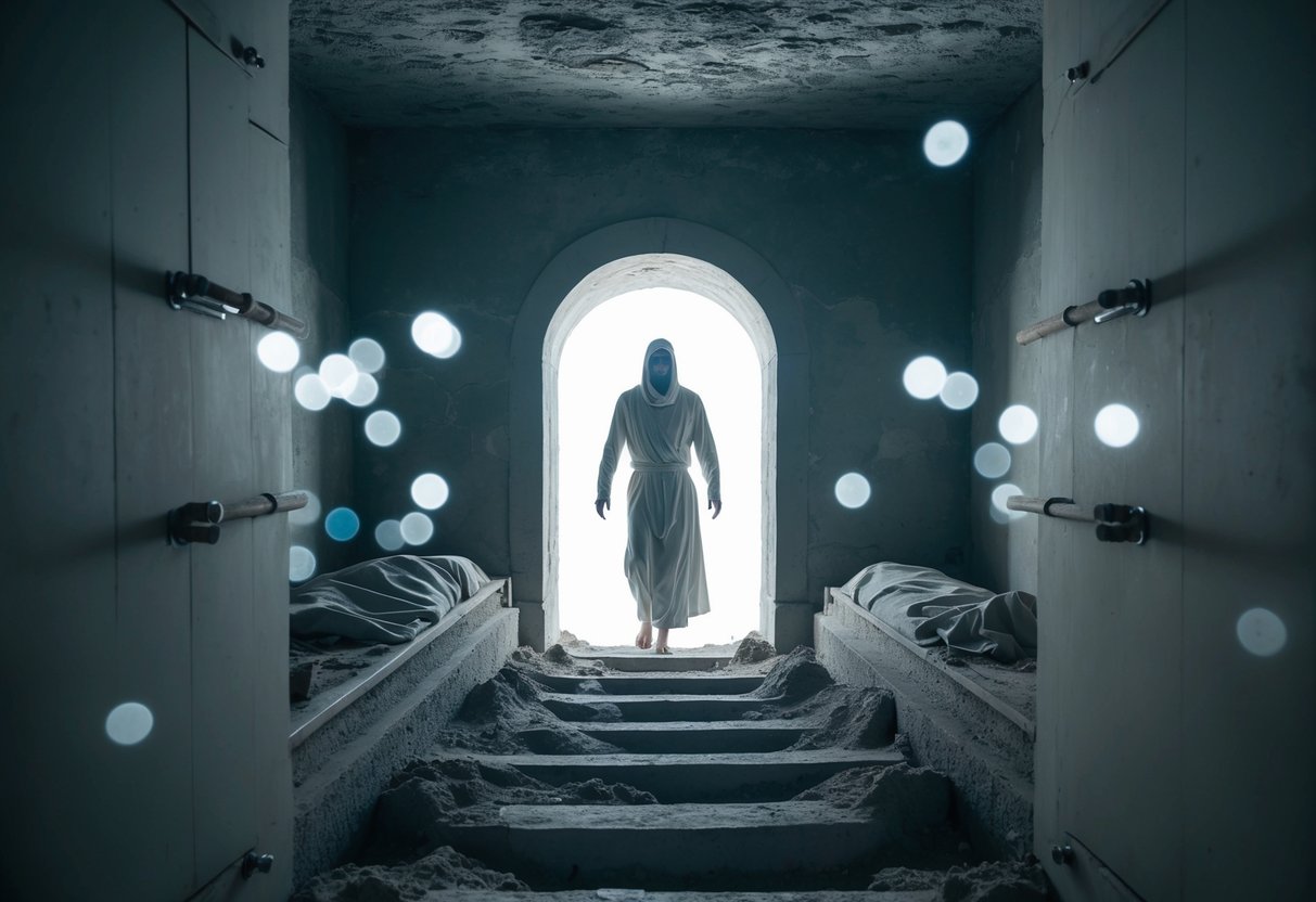 A figure emerging from a tomb, surrounded by bright light and an empty burial shroud