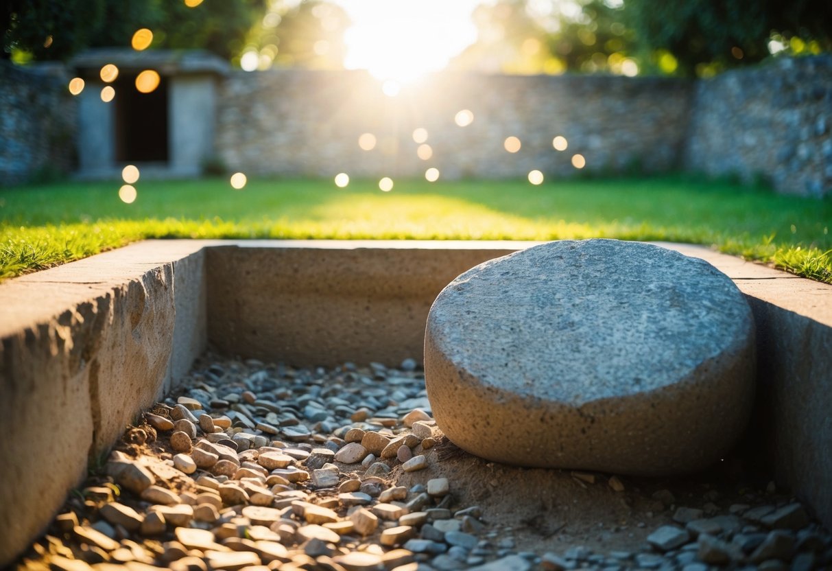 A stone rolled away from an empty tomb, with light spilling out onto the surrounding garden