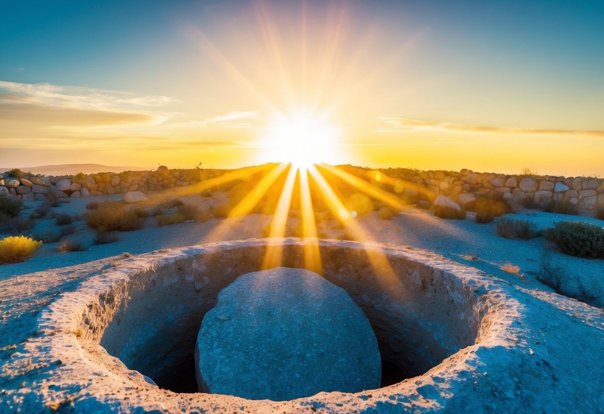 A bright sunrise over an empty tomb, with a stone rolled away and radiant light shining from within