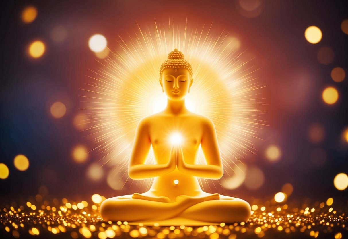A serene, glowing figure surrounded by warmth and light, radiating love and compassion