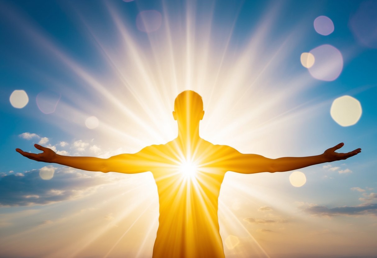 A radiant figure surrounded by light, arms outstretched in a gesture of love and compassion