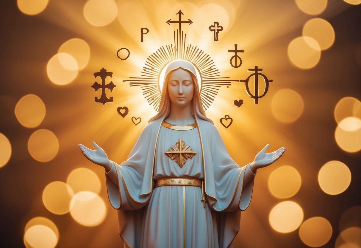A figure bathed in warm light, surrounded by symbols of faith and love, radiating a sense of peace and understanding