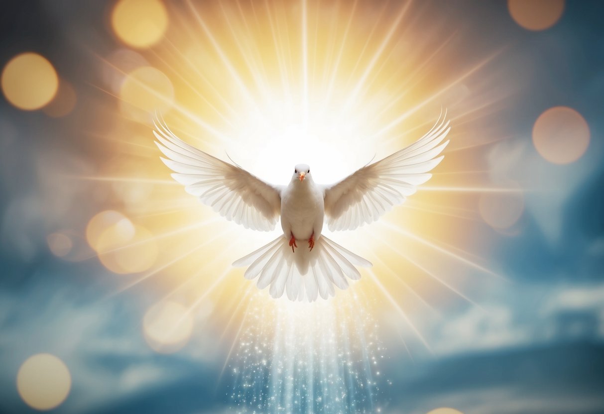 A radiant dove descending from heaven, surrounded by a glowing aura