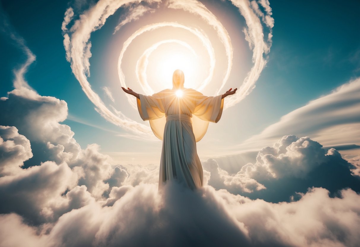 A radiant figure stands amidst swirling clouds, emanating a sense of divine presence and power