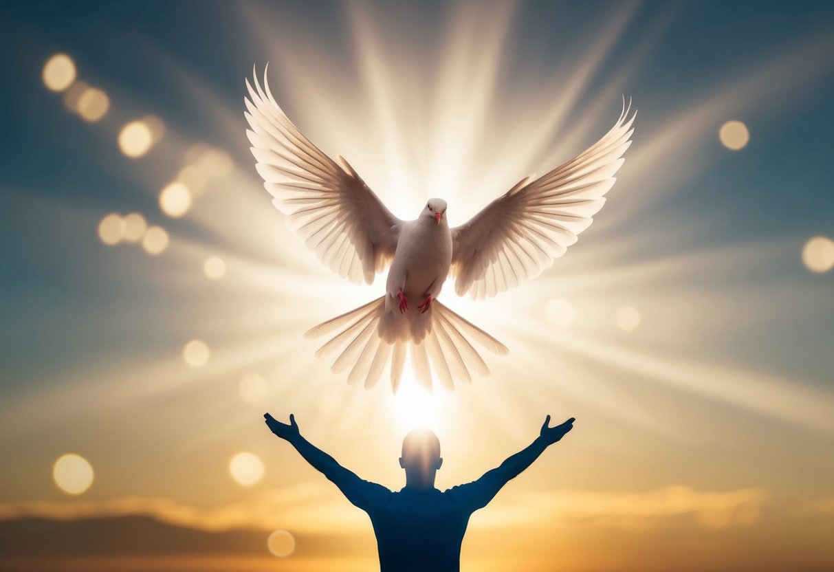 A radiant dove hovers above a figure, emanating light and warmth, symbolizing the presence and guidance of the Holy Spirit
