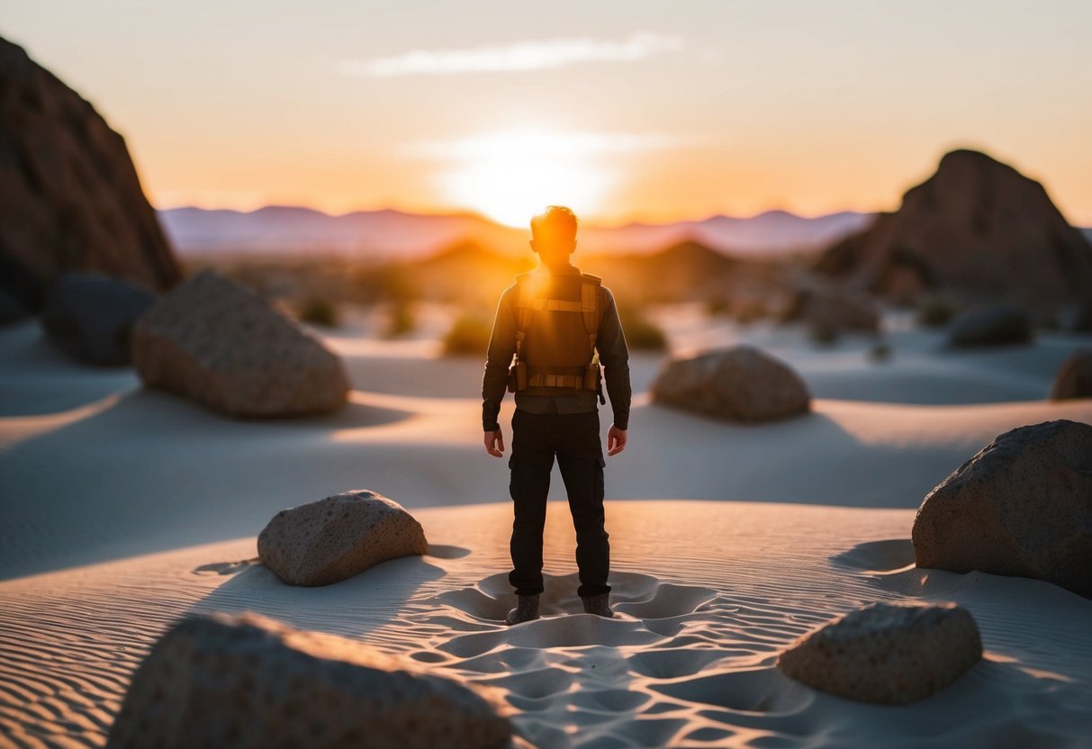 A figure in a desert landscape, surrounded by rocks and sand, with the sun setting in the background