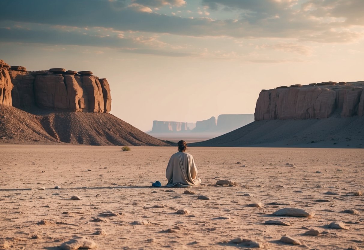 A barren desert landscape with rocky cliffs and a solitary figure in the distance, symbolizing Jesus fasting in the Judean Wilderness