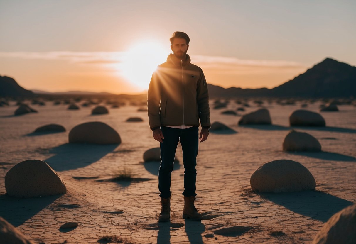 A figure standing in the desert, surrounded by rocks and barren land, with the sun casting long shadows as it sets on the horizon