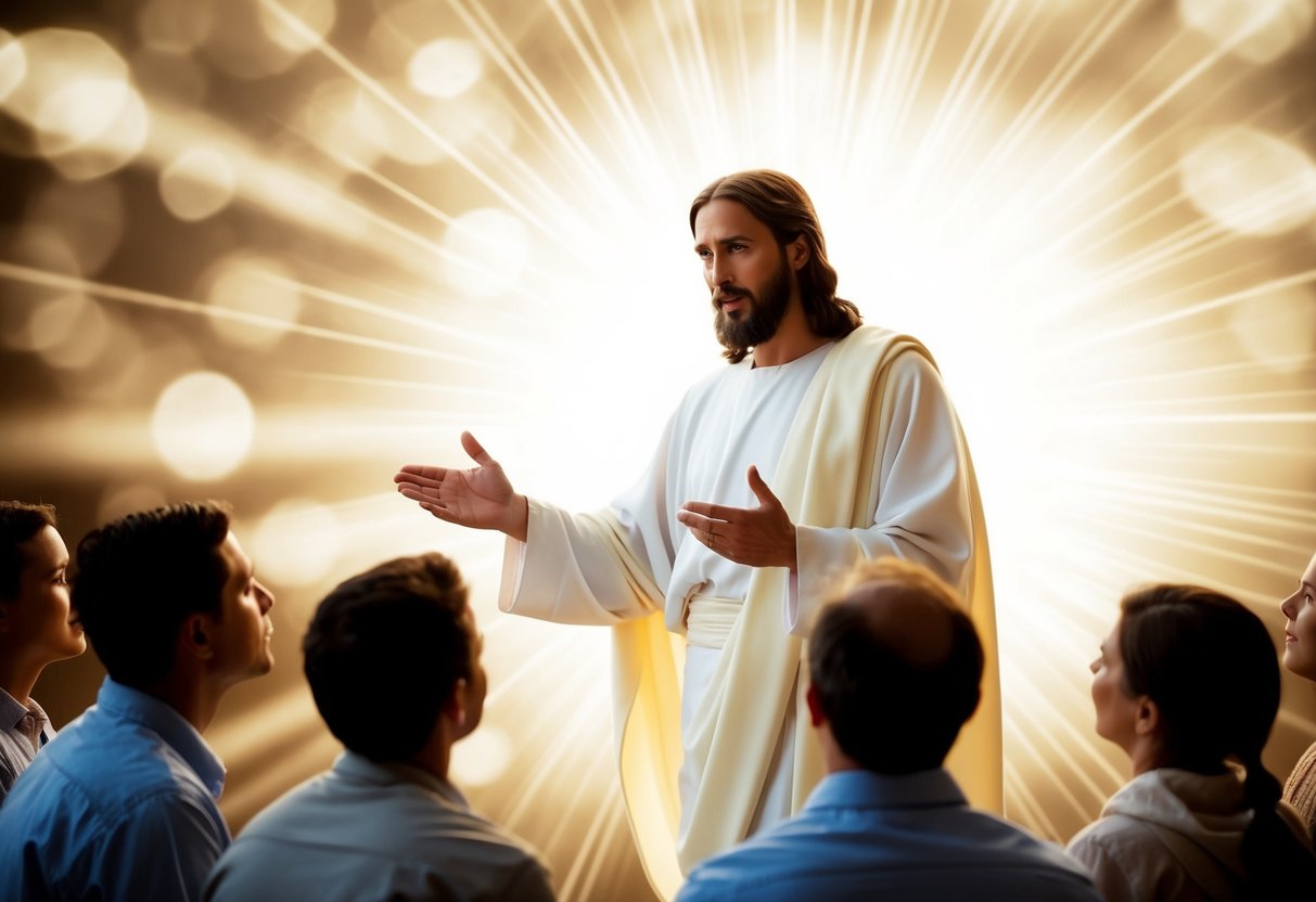 Jesus surrounded by a radiant light, speaking confidently to a group of followers, with a sense of divinity and authority in his presence