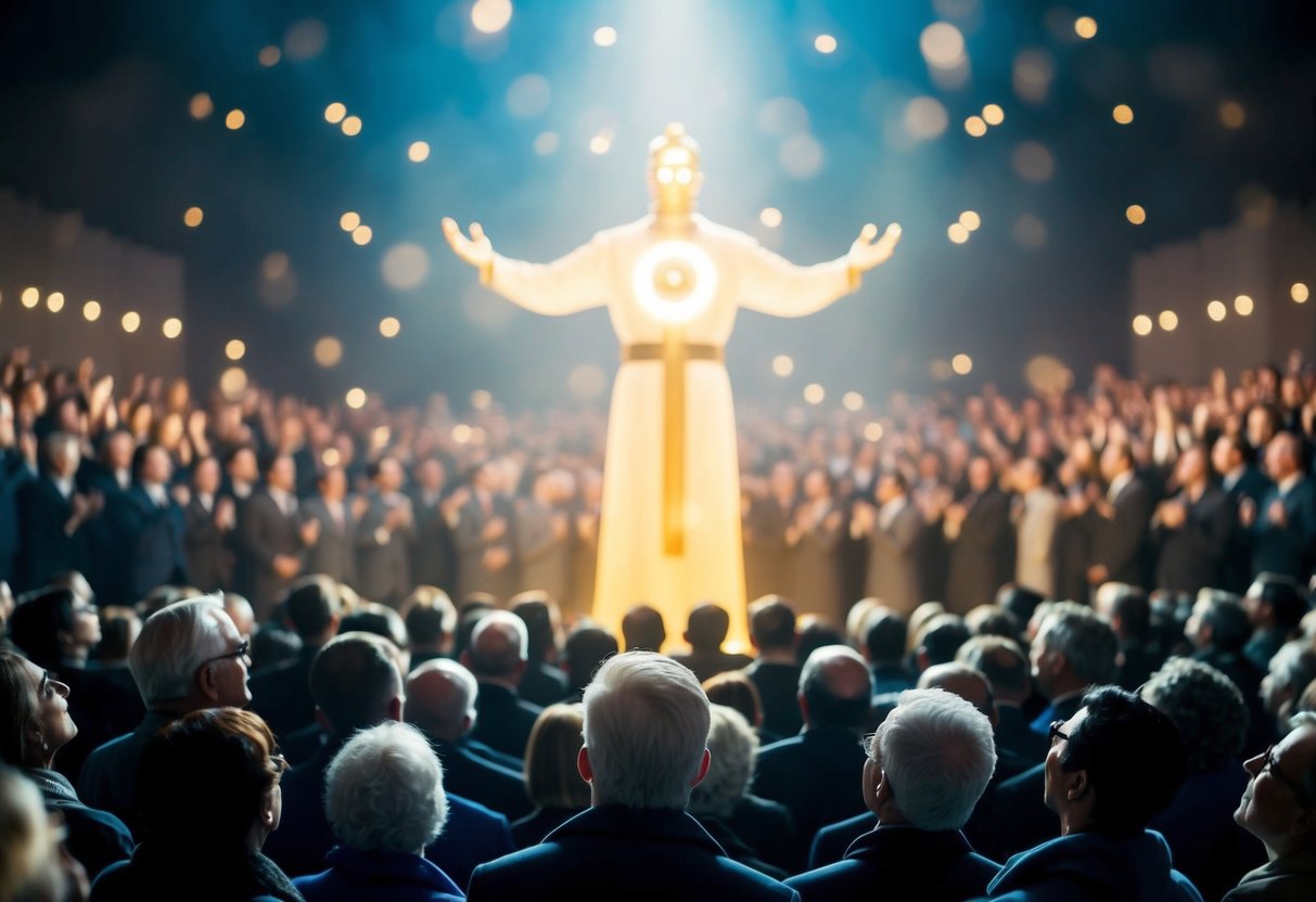 A glowing figure stands before a crowd, radiating power and authority, as people look on in awe and wonder