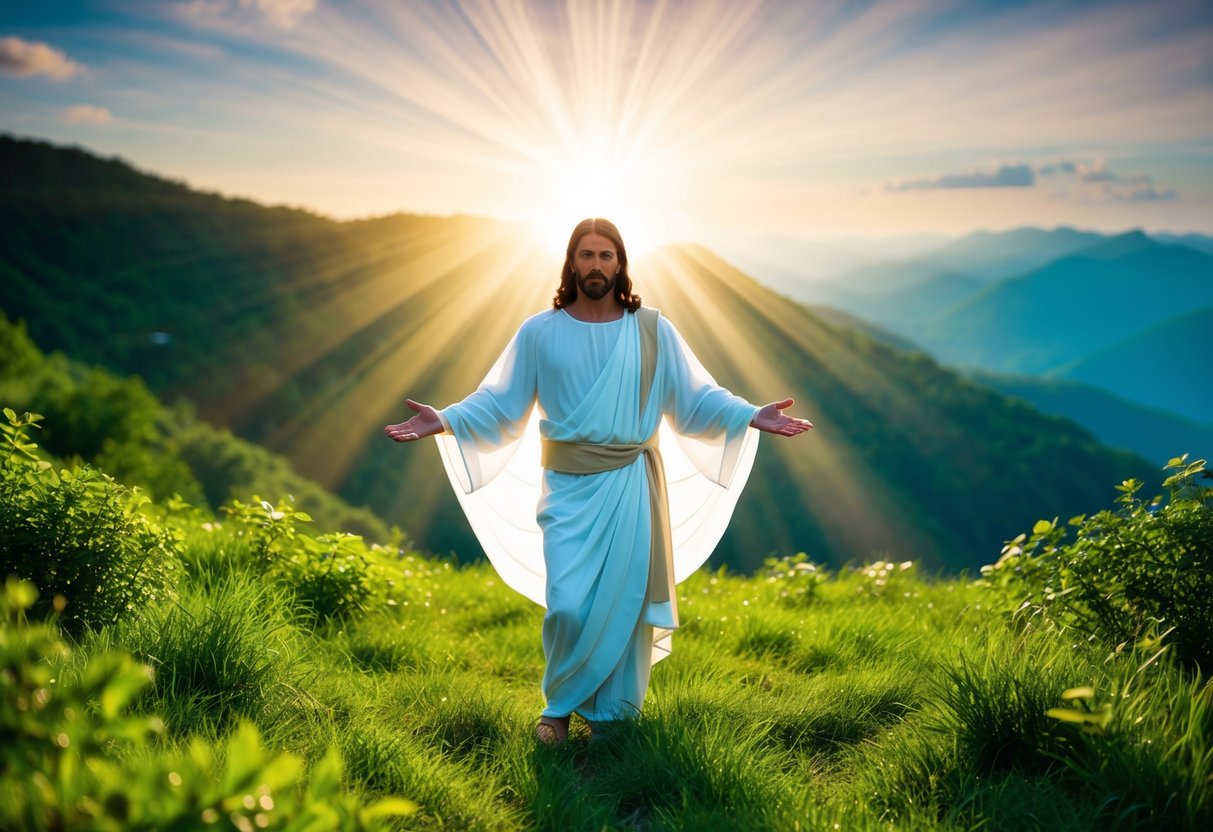 Jesus standing on a serene mountainside, surrounded by lush greenery and a radiant light shining down upon him, with a sense of divine presence emanating from his figure