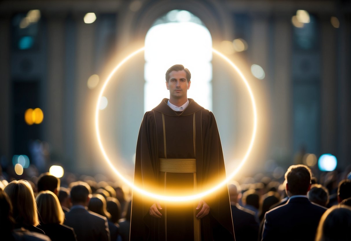 A glowing halo above a figure in a robe, surrounded by a crowd