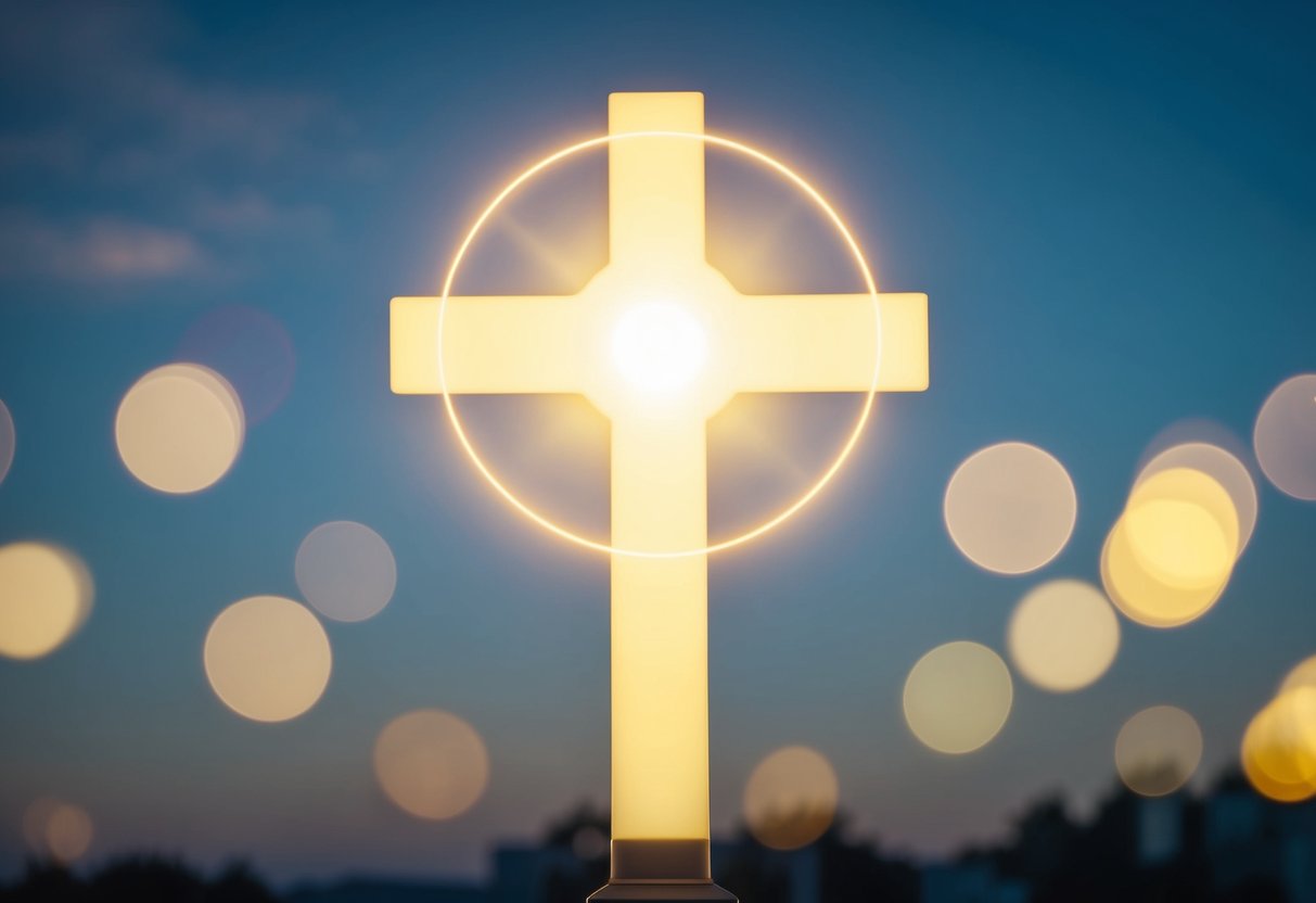 A glowing halo of light surrounds a cross, with the number 7 appearing prominently in the background