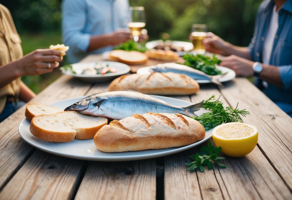 A simple meal of bread and fish laid out on a wooden table, surrounded by a group of people in a peaceful, outdoor setting
