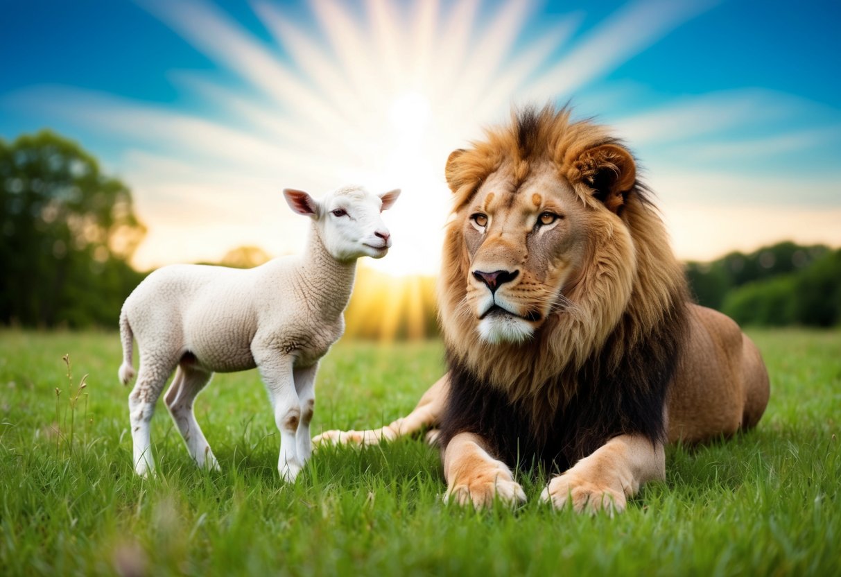 A serene meadow with a lamb and a lion peacefully coexisting, surrounded by lush greenery and a radiant sun overhead