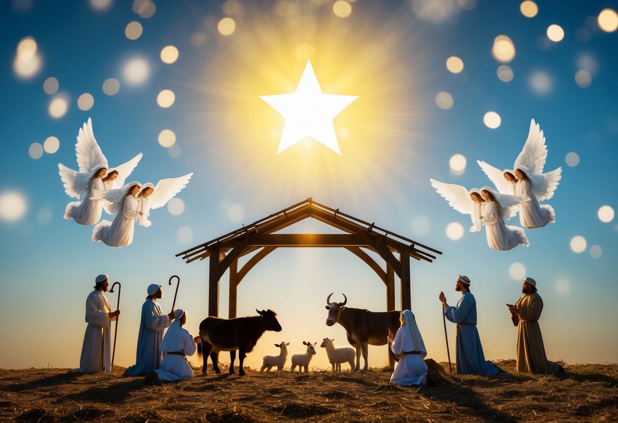 A bright star shining above a stable with animals, surrounded by shepherds and angels