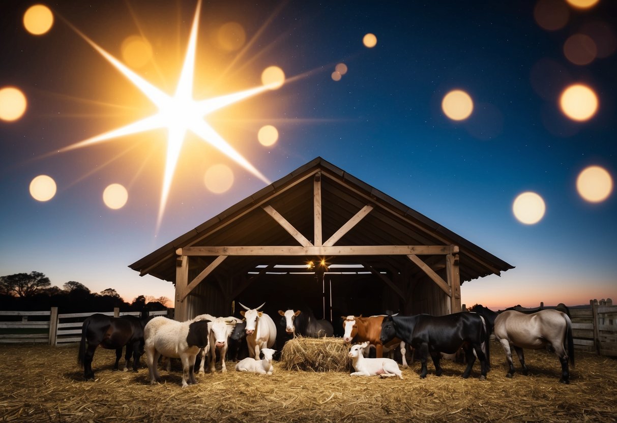 A bright star shining over a peaceful stable, with animals gathered around a manger