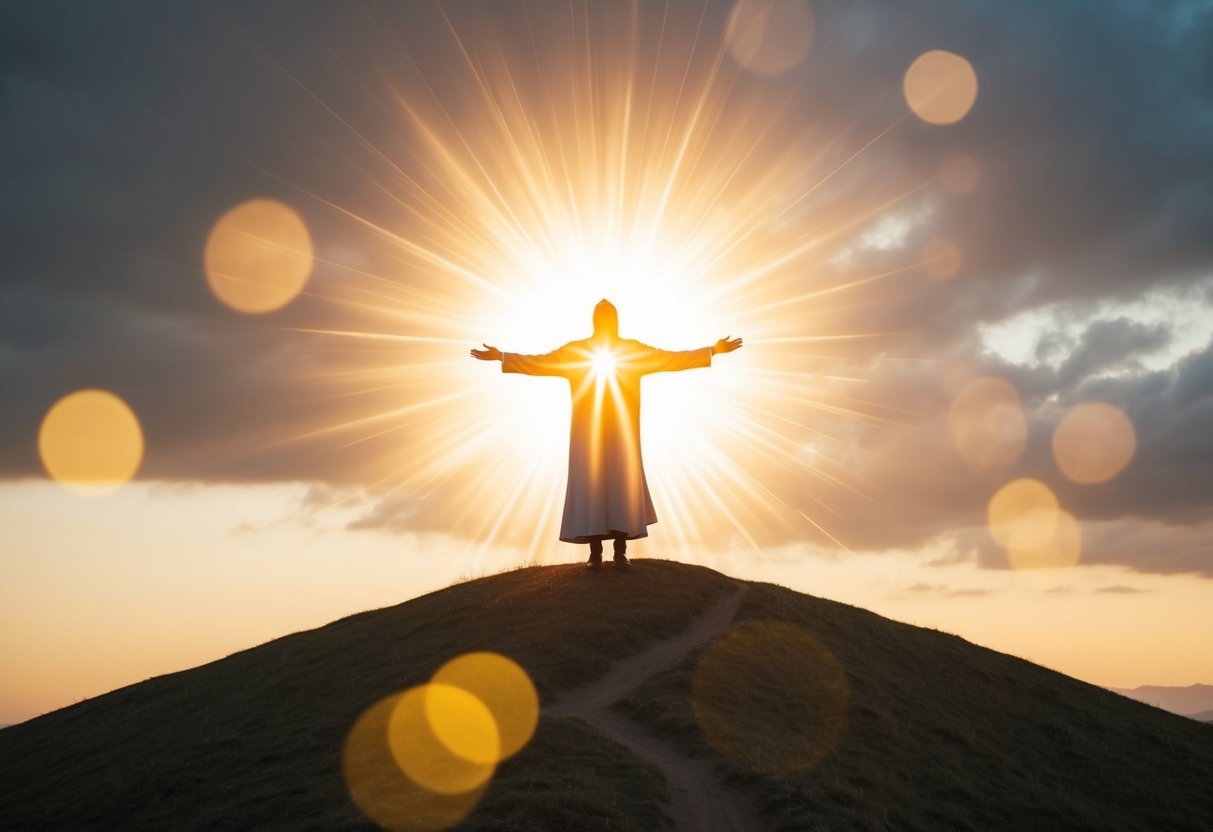 A radiant figure stands atop a hill, arms outstretched. A glowing aura surrounds them, emanating warmth and compassion. A sense of hope and salvation fills the air