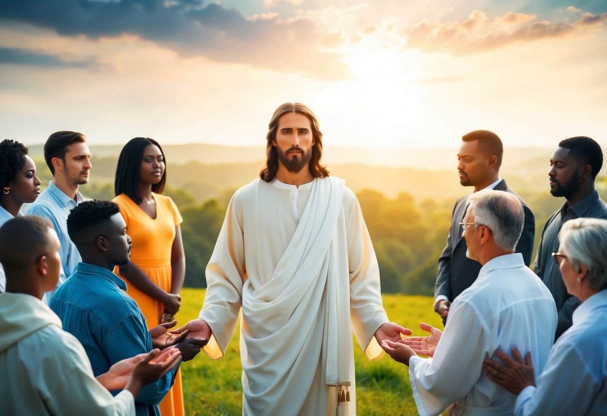 Jesus standing in a serene, sunlit landscape, with a peaceful expression, surrounded by diverse individuals representing different sins, all receiving his forgiveness