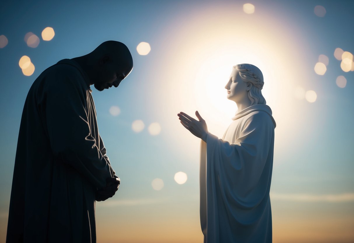 A serene, radiant figure extends a forgiving gesture towards a shadowy, burdened form
